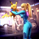 3d_(artwork) absurd_res blonde_hair blue_eyes breasts carrying_another clothing crossover digital_media_(artwork) duo female generation_1_pokemon hair hi_res human light_body light_skin long_hair mammal metroid nintendo onmodel3d pikachu pokemon pokemon_(species) ponytail samus_aran smile yellow_body