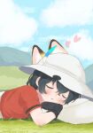  2girls animal_ears backpack bag black_gloves black_hair blush cat_ears cat_girl closed_eyes gloves grass hair_between_eyes hat_feather heart helmet highres hill kaban_(kemono_friends) kemono_friends multiple_girls pith_helmet red_shirt serval_(kemono_friends) shirt short_hair sidelocks sleeping t-shirt travellerll unworn_backpack unworn_bag 