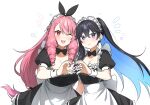  2girls apron ayla_(punishing:_gray_raven) black_bow black_bowtie black_dress blue_eyes blue_hair bow bowtie breasts cleavage collar colored_inner_hair commentary_request detached_collar detached_sleeves dress drill_hair drill_sidelocks hair_between_eyes heart heart_hands highres korean_commentary maid maid_apron maid_headdress medium_breasts multicolored_hair multiple_girls myam_(123ab456c) one_eye_closed open_mouth pink_eyes pink_hair punishing:_gray_raven selena_(punishing:_gray_raven) short_sleeves sidelocks single_sidelock teeth upper_teeth_only white_background white_collar 