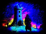  1other bare_tree battlement building cloak commentary door english_commentary from_behind helpcomputer0 high_contrast hill hilt hood hood_up hooded_cloak limited_palette medieval original outdoors pixel_art rubble scenery silhouette solo standing star_(sky) stone_wall sword tower tree twilight walking weapon wide_shot window 