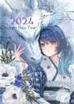  1girl 2024 blue_eyes blue_hair character_request chinese_zodiac copyright_request dragon flower happy_new_year highres japanese_clothes kimono medium_hair new_year pan_to_honey smile snow snowing solo upper_body year_of_the_dragon 