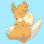  animal_focus artist_name blue_background brown_eyes claws commentary_request highres iwasi_29 no_humans one_eye_closed orange_fur pawmot pawpads pokemon pokemon_(creature) simple_background sitting tail twitter_username 