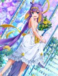  1girl bare_shoulders barefoot blue_eyes bouquet dress fang flower full_body halo holding holding_bouquet hololive hololive_english looking_at_viewer meow_natsuyuki ninomae_ina&#039;nis purple_hair smile solo stained_glass white_dress yellow_flower 