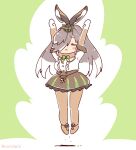  1girl animal_ears arms_up bow bowtie coroha elbow_gloves european_hare_(kemono_friends) extra_ears full_body gloves green_background grey_hair jumping kemono_friends kemono_friends_3 long_hair looking_at_viewer pantyhose rabbit_ears rabbit_girl ribbon scarf shirt shoes simple_background skirt solo 