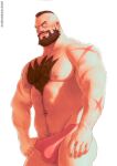  1boy bad_id bad_tumblr_id bara beard brown_hair bulge cowboy_shot facial_hair hand_on_own_hip highres large_pectorals looking_at_viewer male_focus male_underwear mature_male mohawk muscular muscular_male mustache navel navel_hair nipple_hair nipples pectorals randombaradude red_male_underwear scar scar_on_arm scar_on_shoulder simple_background smile solo sparse_arm_hair street_fighter thick_beard thick_chest_hair underwear underwear_only veins white_background zangief 