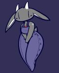 2_horns anthro breasts clothed clothing female floppy_ears fully_clothed fur grey_body grey_fur horn huge_hips medium_breasts nan_(nq) nan_quest overalls_only pear-shaped_figure purple_background scut_tail short_tail simple_background solo standing tail thick_thighs three-quarter_view wide_hips yattermang