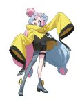  1girl arm_up asymmetrical_bangs bike_shorts black_jacket black_shorts blue_hair boots bow-shaped_hair character_hair_ornament full_body grey_footwear grey_pantyhose hair_ornament iono_(pokemon) jacket light_blue_hair long_hair looking_at_viewer multicolored_clothes multicolored_hair multicolored_jacket mx2j open_mouth pantyhose pink_eyes pink_hair pokemon pokemon_sv sharp_teeth shorts simple_background single_leg_pantyhose sleeves_past_fingers sleeves_past_wrists smile solo standing teeth thigh_strap thighs two-tone_hair two-tone_jacket v-shaped_eyebrows very_long_sleeves white_background yellow_jacket 