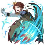  1boy arutarika_(ri_kaoekaki) bright_pupils brown_hair buttons clenched_hand commentary_request crown epaulettes gloves haxorus jacket long_sleeves male_focus mini_crown nate_(champion)_(pokemon) nate_(pokemon) official_alternate_costume open_mouth outstretched_arm pokemon pokemon_(creature) pokemon_masters_ex short_hair sparkle teeth tongue white_background white_pupils 