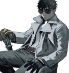  1boy alchemy_stars belt black_gloves black_hair brown_gloves closed_mouth coat commentary_request glasses gloves jacket long_sleeves looking_at_viewer necktie pants pittman_(alchemy_stars) shishio short_hair solo spiked_hair sunglasses white_necktie 