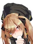  1girl blush brown_hair fellatio girls&#039;_frontline hair_ornament looking_at_viewer oral penis saliva simple_background twintails ump9_(girls&#039;_frontline) yanagui 