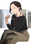  black_shirt brown_eyes brown_hair brown_skirt commentary_request earrings fingernails ganbare_douki-chan glasses highres holding holding_eyewear hoop_earrings jewelry lanyard long_sleeves senpai-san_(douki-chan) shirt short_hair sitting skirt white_background yomu_(sgt_epper) 