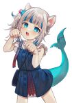  1girl animal_ears bag blue_eyes blue_hair blush casual cat_ears dress fish_tail gawr_gura highres hololive hololive_english long_hair sasasasa shark_tail short_sleeves side_ponytail solo tail virtual_youtuber white_hair 