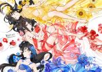  2017 3girls artist_name black_hair blue_dress blue_flower bracelet closed_eyes cover cover_page dress english_text flower glass_slipper hair_flower hair_ornament jewelry long_hair lying multiple_girls naked_ribbon no_bra no_panties on_back on_side original red_dress red_flower red_footwear ribbon rose see-through sunflower toe_cleavage umishima_senbon yellow_dress yellow_flower yellow_footwear yellow_rose 