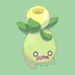  animal_focus artist_name black_eyes blush colored_skin commentary_request green_background green_skin highres iwasi_29 leaf no_humans olive open_mouth pokemon pokemon_(creature) simple_background smoliv twitter_username wavy_mouth 