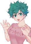  1girl boku_no_hero_academia breasts character_name clothes_writing genderswap genderswap_(mtf) green_eyes green_hair highres holding holding_jewelry holding_necklace jewelry medium_breasts midoriya_izuku necklace open_mouth pink_shirt scar scar_on_arm seoltang_(nitro_sugar) shirt short_hair solo t-shirt 