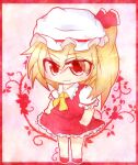  1girl blonde_hair border chibi closed_mouth collared_shirt flandre_scarlet floral_background frilled_shirt_collar frilled_skirt frilled_sleeves frills full_body guritoo_(runemagurito) hat hat_ribbon light_smile looking_at_viewer medium_hair mob_cap neckerchief one_side_up pink_background puffy_short_sleeves puffy_sleeves red_border red_eyes red_ribbon red_skirt red_vest ribbon rose_background shirt short_sleeves skirt sleeve_ribbon solo standing touhou vest white_headwear white_shirt yellow_neckerchief 