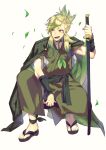  1boy absurdres cape ebippoid full_body gradient_hair green_cape green_hair green_pants green_shirt highres katana leaf leafeon looking_to_the_side multicolored_hair open_mouth pants personification planted planted_sword pokemon ponytail sandals sash shirt sidelocks simple_background solo sword weapon white_background 
