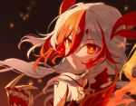  1girl animal_hands bare_shoulders chinese_clothes claws closed_mouth detached_sleeves eyeliner fire fu_hua fu_hua_(garuda) gloves hair_between_eyes highres honkai_(series) honkai_impact_3rd long_hair looking_at_viewer low-tied_long_hair low_twintails makeup multicolored_hair red_eyeliner red_eyes red_gloves red_hair red_scales scales solo streaked_hair symbol-shaped_pupils twintails two-tone_hair very_long_hair white_hair yellow_pupils zhaonan 