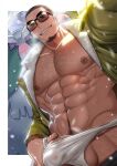  1boy abs absol_(dkqthf) bara bare_pectorals black_pants bulge character_request clothes_pull erection erection_under_clothes facial_hair green_jacket jacket large_pectorals looking_at_viewer male_focus muscular muscular_male navel navel_hair nipples open_clothes open_jacket pants pants_pull pectorals pokemon pokemon_(creature) short_hair smile sunglasses teeth testicles very_short_hair 