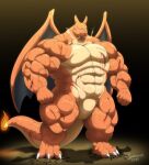 2022 abs anthro blood bodily_fluids charizard digital_media_(artwork) featureless_crotch fire generation_1_pokemon hi_res male muscular muscular_anthro muscular_male nintendo pokemon pokemon_(species) smoke solo vein veiny_muscles wings wounded xxsparcoxx