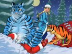 anthro beard big_breasts black_eyes black_stripes blonde_hair blue_body blue_bottomwear blue_clothing blue_eyes blue_fur blue_gloves blue_handwear blue_hat blue_headwear blue_pants blue_topwear blush bottomwear braided_hair braided_ponytail breasts christmas clothing ded_moroz eyelashes facial_hair featureless_breasts felid female female_on_top feral flick-the-thief fur gloves group hair handwear hat headgear headwear holidays human imminent_sex licking licking_lips licking_own_lips male mammal navel neck_tuft on_top open_mouth orange_body orange_fur pantherine pants ponytail red_clothing red_gloves red_handwear red_hat red_headwear red_topwear shere_khan snegurochka snow stripes tan_body tan_fur tan_skin thick_thighs tiger tongue tongue_out topwear tuft white_beard wide_hips winter yellow_sclera