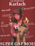  1girl arrow_(symbol) asymmetrical_hair baldur&#039;s_gate baldur&#039;s_gate_3 black_hair breasts broken_horn burning colored_skin commentary curled_horns demon_girl demon_horns demon_tail dungeons_and_dragons english_commentary english_text fire highres holding holding_stuffed_toy horns ironlily karlach large_breasts long_hair looking_at_viewer multicolored_hair muscular muscular_female pointy_ears red_hair red_skin single_strap slit_pupils solo stuffed_animal stuffed_toy tail teddy_bear tiefling two-tone_hair yellow_eyes 
