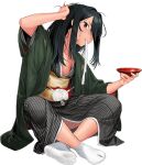  1girl black_hair blush breasts crossed_legs cup hair_over_one_eye haori holding holding_cup japanese_clothes kantai_collection kimono kumano_maru_(kancolle) long_hair looking_at_viewer medium_breasts official_art open_mouth red_eyes sakazuki sidelocks solo sweat tabi teapot umihara_sakana 