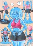  ... 1girl :| ? absurdres annoyed arms_up ball blue_eyes blue_hair breasts cleavage closed_mouth clothing_cutout commentary_request cowboy_shot dumbbell exercise exercise_ball exercise_machine falling flying_sweatdrops full_body highres hituzihaneto lime_(mon-musu_quest!) looking_down medium_breasts medium_hair mon-musu_quest! monster_girl navel navel_cutout open_mouth orange_background pink_shirt shirt short_shorts shorts slime_(substance) slime_girl solo speech_bubble sports_bra sweatdrop teeth translation_request two-tone_background weight weight_conscious worried 