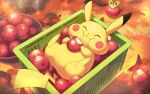  animal_focus apple applin autumn autumn_leaves basket cha_kuro_(limo) closed_eyes food fruit fruit_basket happy lying no_humans on_back pikachu pokemon pokemon_(creature) red_apple smile 