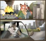 2023 alternate_species anthro artist_name building canid canine canis car cellphone clothed clothing digital_media_(artwork) disney duo electronics explosion fire fox hi_res male mammal nick_wilde payphone phone plant shrub speed_(film) vehicle wolf xxsparcoxx zootopia