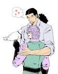  2boys affectionate bird black_hair facial_hair flat_color goatee heart height_difference highres long_hair m0529205161 male_focus mask multiple_boys one_piece pectorals pigeon purple_hair rob_lucci shirt short_hair smile spandam thick_eyebrows thought_bubble upper_body yaoi 