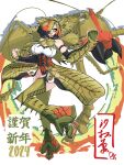  1girl 2024 7shiomaneki53 absurdres armpits arthropod_girl breasts character_request chinese_text cleavage copyright_request fang green_eyes hair_over_one_eye highres mantis_girl new_year open_mouth praying_mantis simple_background solo zettai_ryouiki 