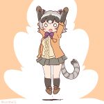  1girl animal_ears arms_up bow bowtie cardigan coroha crab-eating_raccoon_(kemono_friends) elbow_gloves extra_ears full_body gloves grey_hair jumping kemono_friends kemono_friends_3 looking_at_viewer pink_background raccoon_ears raccoon_girl raccoon_tail shirt shoes short_hair simple_background skirt socks solo tail 