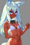  1girl absurdres animal_ear_fluff animal_ears black_bow black_bowtie blue_eyes blue_hair blush bottomless bow bowtie bra chromatic_aberration dark-skinned_female dark_skin detached_collar flat_chest grey_background hand_on_own_stomach highres light_blue_hair long_hair looking_at_viewer navel original out-of-frame_censoring petite pink_nails simple_background smile solo tail tsukiyono_aroe underwear white_bra 