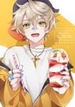  alternate_costume bandaid bandaid_on_face bandaid_on_neck bandaid_on_nose bennett_(genshin_impact) blonde_hair cup drinking_glass earrings genshin_impact green_eyes hair_between_eyes highres holding holding_cup jacket jewelry luciarielucia male_focus multiple_boys necklace open_mouth short_hair smile yellow_jacket 