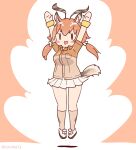 1girl animal_ears arms_up brown_hair coroha extra_ears full_body horns impala_(kemono_friends) jumping kemono_friends kemono_friends_3 long_hair looking_at_viewer pink_background ribbon shirt shoes simple_background skirt socks solo tail twintails 