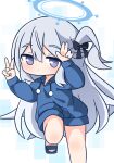  1girl blue_archive blue_footwear blue_hoodie blush braid chibi closed_mouth commentary_request double_v feet_out_of_frame grey_background grey_hair hair_between_eyes halo hana_kazari hands_up highres hood hood_down hoodie long_hair long_sleeves looking_at_viewer miyako_(blue_archive) one_side_up puffy_long_sleeves puffy_sleeves purple_eyes sandals solo thick_eyebrows v very_long_hair 