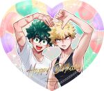  2boys bakugou_katsuki black_tank_top blonde_hair boku_no_hero_academia dated green_eyes green_hair happy_birthday heart_hands_failure male_focus midoriya_izuku multiple_boys open_mouth red_eyes scar scar_on_arm seoltang_(nitro_sugar) shirt short_hair spiked_hair t-shirt tank_top thumbs_down white_shirt 