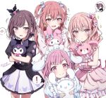  ! 4girls akiyama_mizuki anger_vein black_dress black_hair bow brown_eyes brown_hair do_while02 dress fang hair_bow highres holding holding_stuffed_toy hugging_object kuromi looking_at_another looking_at_viewer multiple_girls my_melody onegai_my_melody open_mouth pink_dress pink_eyes pink_hair pink_skirt project_sekai rabbit sanrio shinonome_ena short_sleeves sidelocks simple_background skirt smile speech_bubble star_(symbol) stuffed_animal stuffed_toy sweat thought_bubble twintails white_background white_skirt 