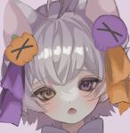  1girl animal_ears cat_ears commentary english_commentary food-themed_hair_ornament grey_hair hair_ornament hair_ribbon heterochromia looking_at_viewer open_mouth orange_ribbon original portrait pumpkin_hair_ornament purple_eyes purple_ribbon ribbon shiona_(siona0625) short_hair simple_background skull_hair_ornament solo yellow_eyes 
