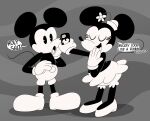 2024 3barts 5_fingers absurd_res anthro big_ears black_and_white bloomers bottomwear cellphone clothed clothing dialogue disney duo electronics english_text eyelashes female fingers gloves handwear hat headgear headwear hi_res male mammal mickey_mouse minnie_mouse monochrome mouse murid murine open_mouth open_smile phone profanity retro rodent shorts skirt smartphone smile text toony topless topless_anthro topless_male