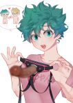  1girl 2boys bakugou_katsuki boku_no_hero_academia breasts censored character_name clothes_writing genderswap genderswap_(mtf) green_eyes green_hair highres male_underwear medium_breasts midoriya_izuku multiple_boys open_mouth penis pink_shirt scar scar_on_arm seoltang_(nitro_sugar) sex_toy shirt short_hair solo t-shirt underwear 