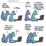  1:1 ? blue_body blue_fox_(foxes_in_love) blue_fur blue_tail canid canine comic computer dialogue duo english_text feral fox foxes_in_love fur green_body green_fox_(foxes_in_love) green_fur green_tail hi_res laptop male_(lore) mammal shadow simple_background text url 