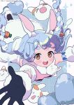  1girl :d animal_ear_fluff animal_ears bare_shoulders black_gloves black_pantyhose blue_hair bow braid breasts brown_eyes carrot_hair_ornament commentary_request dated detached_sleeves don-chan_(usada_pekora) dress food-themed_hair_ornament fur-trimmed_dress fur-trimmed_gloves fur_trim gloves hair_bow hair_ornament heart highres hololive multicolored_hair neki_(wakiko) outstretched_arms pantyhose pekomon_(usada_pekora) puffy_short_sleeves puffy_sleeves rabbit_ears short_sleeves small_breasts smile sparkle strapless strapless_dress twin_braids twintails twitter_username two-tone_hair usada_pekora virtual_youtuber white_bow white_dress white_footwear white_hair white_sleeves 