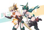  2boys animal_ears bakugou_katsuki black_bodysuit black_mask black_sleeves blonde_hair bodysuit boku_no_hero_academia cat_boy cat_ears cat_tail closed_mouth green_eyes green_hair highres midoriya_izuku multiple_boys open_mouth otoko_no_ko rabbit_boy rabbit_ears red_eyes seoltang_(nitro_sugar) short_hair spiked_hair tail thighhighs 