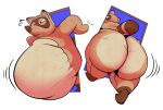  2021 animal_crossing anthro belly big_belly big_butt butt canid canine front_view jiggling looking_back male mammal multiple_images narrowed_eyes nintendo obese obese_anthro obese_male overweight overweight_anthro overweight_male raccoon_dog raised_tail rear_view sharkvore solo stuck stuck_in_door tanuki tom_nook_(animal_crossing) video_games 