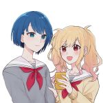  2girls arm_grab blonde_hair blue_eyes blue_hair blush brown_sweater cellphone collarbone commentary_request gradient_hair grey_shirt holding holding_phone kiritani_haruka long_hair long_sleeves multicolored_hair multiple_girls neckerchief open_mouth phone pink_hair project_sekai red_eyes red_neckerchief sailor_collar shirt short_hair sidelocks simple_background smartphone sweater tenma_saki twintails two-tone_hair upper_body white_background white_sailor_collar yarou_(0tyaro) 