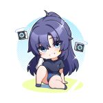  1girl black_shirt blue_archive blue_buruma blush breasts buruma chibi drone facial_mark full_body grin highres large_breasts long_hair official_alternate_costume ponytail purple_eyes purple_hair shirt short_sleeves smile solo star_(symbol) warashi yuuka_(blue_archive) yuuka_(track)_(blue_archive) 