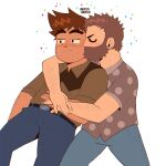  2boys absurdres alternate_skin_color arm_hair bara beard beard_stubble blush closed_eyes couple denim facial_hair feet_out_of_frame fenrir_(fenwolf) forked_eyebrows full_beard happy highres hug hug_from_behind jeans joseph_(scott_pilgrim) kiss kissing_cheek long_sideburns male_focus multiple_boys pants scott_pilgrim_(series) scott_pilgrim_takes_off short_hair sideburns sparkling_aura sparse_stubble stephen_stills thick_beard thick_eyebrows u_u yaoi 