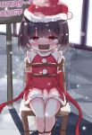  1girl bare_legs bare_shoulders blunt_bangs blush bound brown_hair christmas commentary_request dress feet_out_of_frame gag gagged hat improvised_gag looking_at_viewer medium_hair miria_(mamamamave) original red_dress red_eyes red_headwear restrained santa_dress santa_hat shibari solo sweatdrop tape tape_gag tearing_up tied_up_(nonsexual) translated trembling 